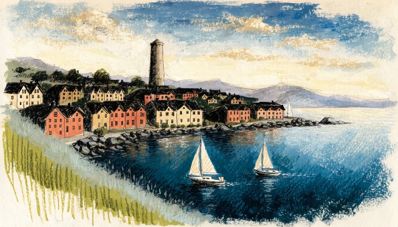 Illustrasjon av havn, seilbåter og en høyde ved fjorden