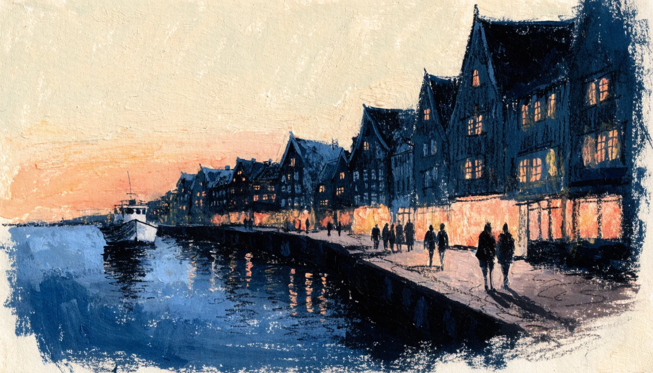 Illustrasjon av en kveld langs brygga